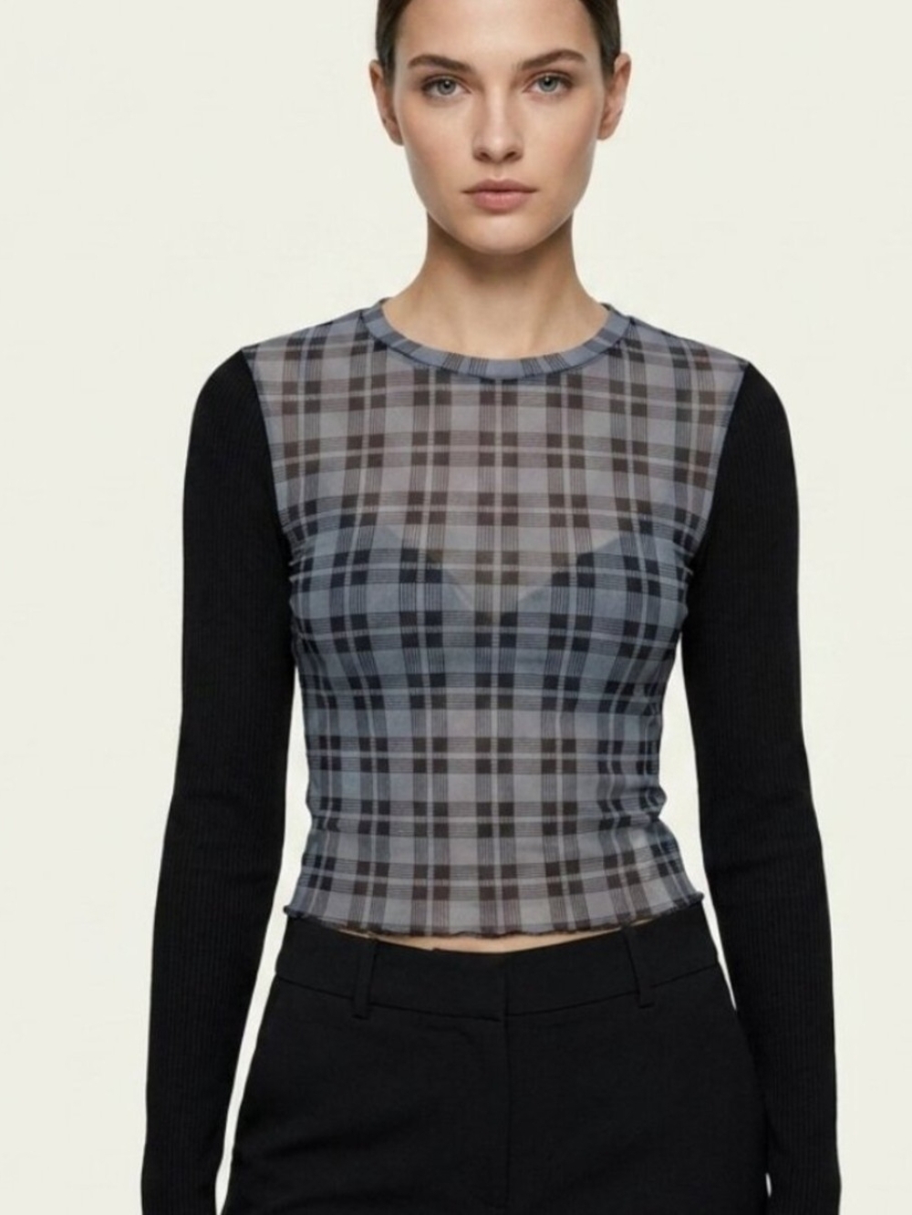 Zara Black and Gray Plaid Mesh Long Sleeve Top
